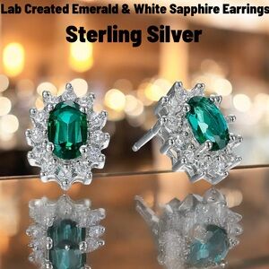 Sterling Silver Created Emerald and Created White Sapphire Earrings NWOT